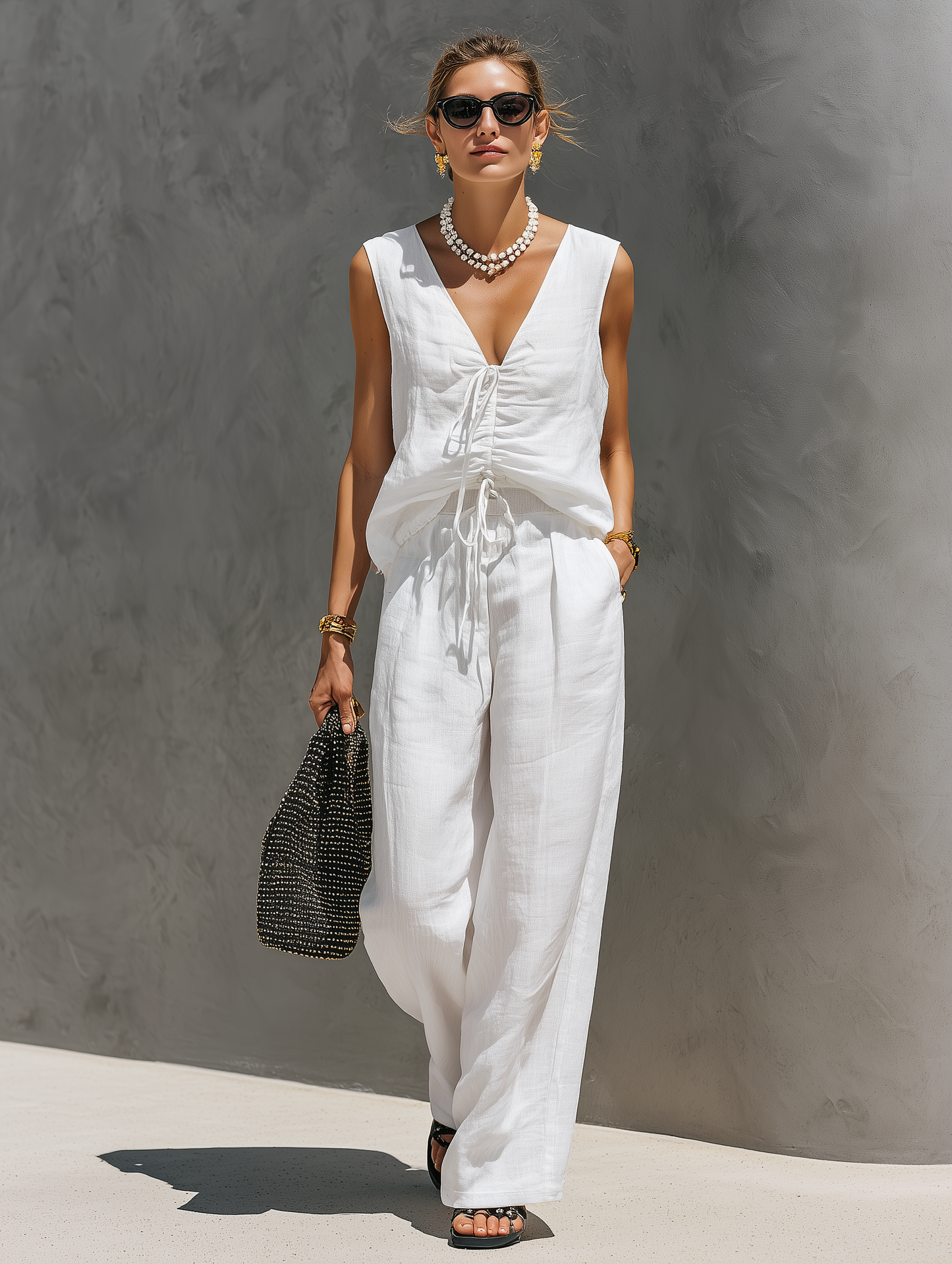 Women's Casual White Cotton-Linen V-Neck Sleeveless Top And Trousers Set (Lined)