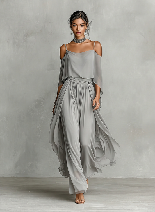 Women's Grey Breathable Chiffon Set With Cold-Shoulder Detail & Flared Silhouette, Contemporary Luxury-Feminine Style Set