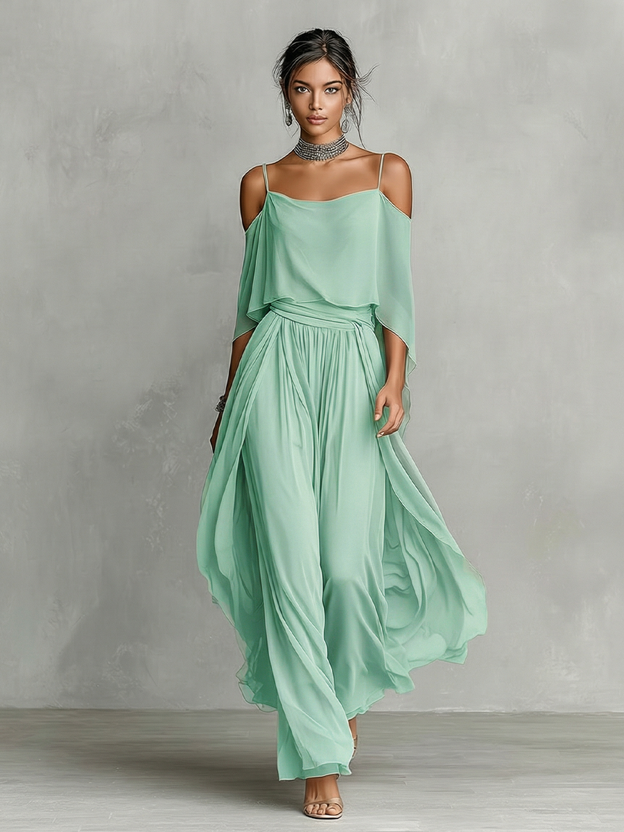 Women's Grey Breathable Chiffon Set With Cold-Shoulder Detail & Flared Silhouette, Contemporary Luxury-Feminine Style Set