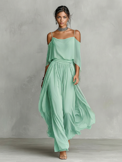 Women's Grey Breathable Chiffon Set With Cold-Shoulder Detail & Flared Silhouette, Contemporary Luxury-Feminine Style Set
