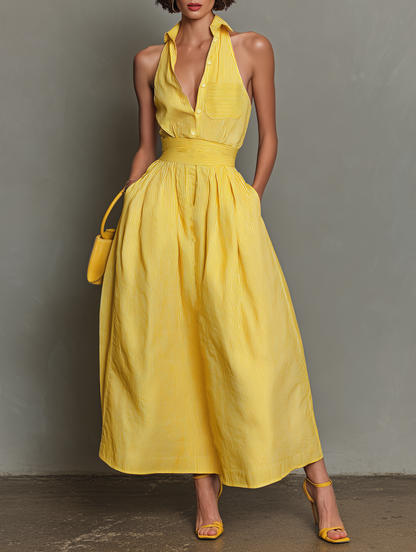 Women's Minimalist Striped Lapel Sleeveless Maxi Dress