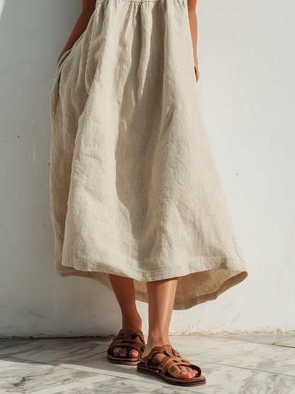 Women's Lightweight Linen Swing Dress With Loose Fit & Asymmetric Hem, Contemporary Effortless-Elegant Style Dress