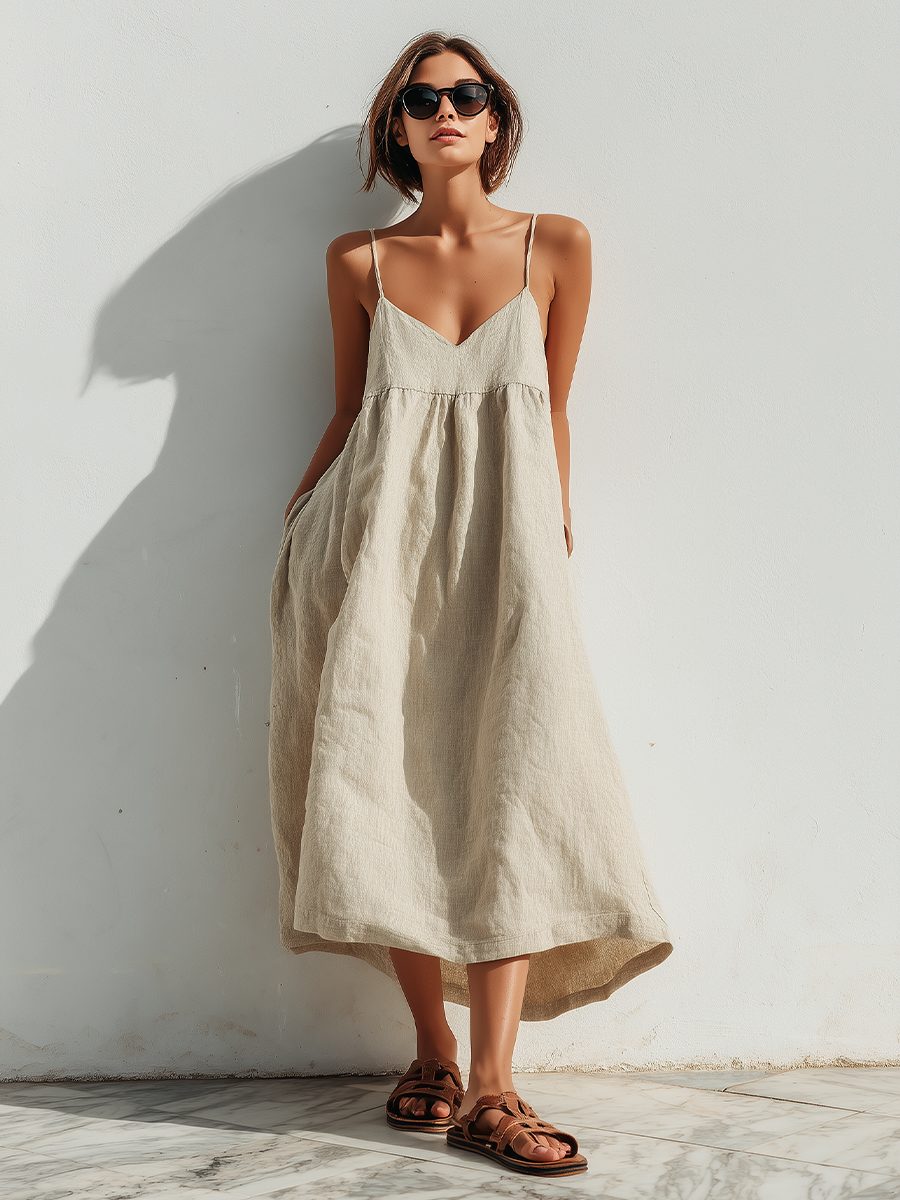 Women's Lightweight Linen Swing Dress With Loose Fit & Asymmetric Hem, Contemporary Effortless-Elegant Style Dress