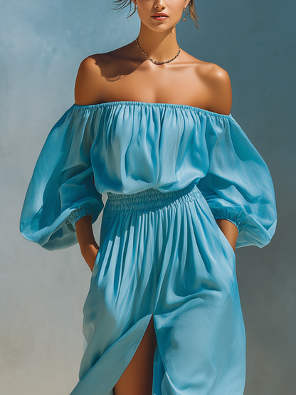 Women’s Sky Blue Off-the-Shoulder Puff Sleeve Smocked Waist High Slit Maxi Dress With Pockets