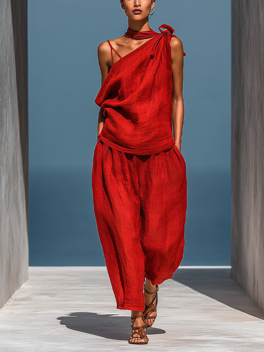 Women’s RedTwo-Piece Set: Asymmetrical One-Shoulder Top (Without Neck Scarf) & Wide-Leg Pants With Pockets
