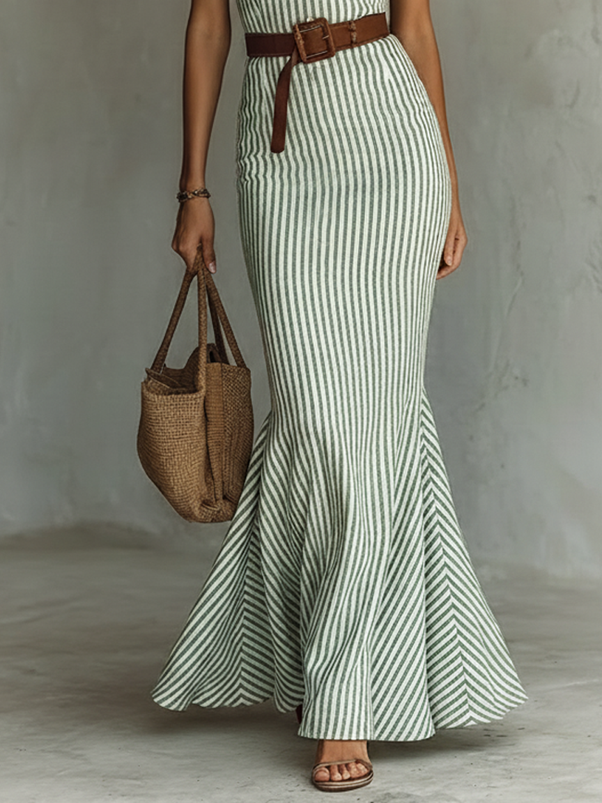 Women's Minimalist Striped Linen-Blend Single-Breasted Sleeveless Bodycon Fishtail Maxi Dress (Belt Not Included)