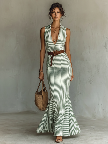 Women's Minimalist Striped Linen-Blend Single-Breasted Sleeveless Bodycon Fishtail Maxi Dress (Belt Not Included)