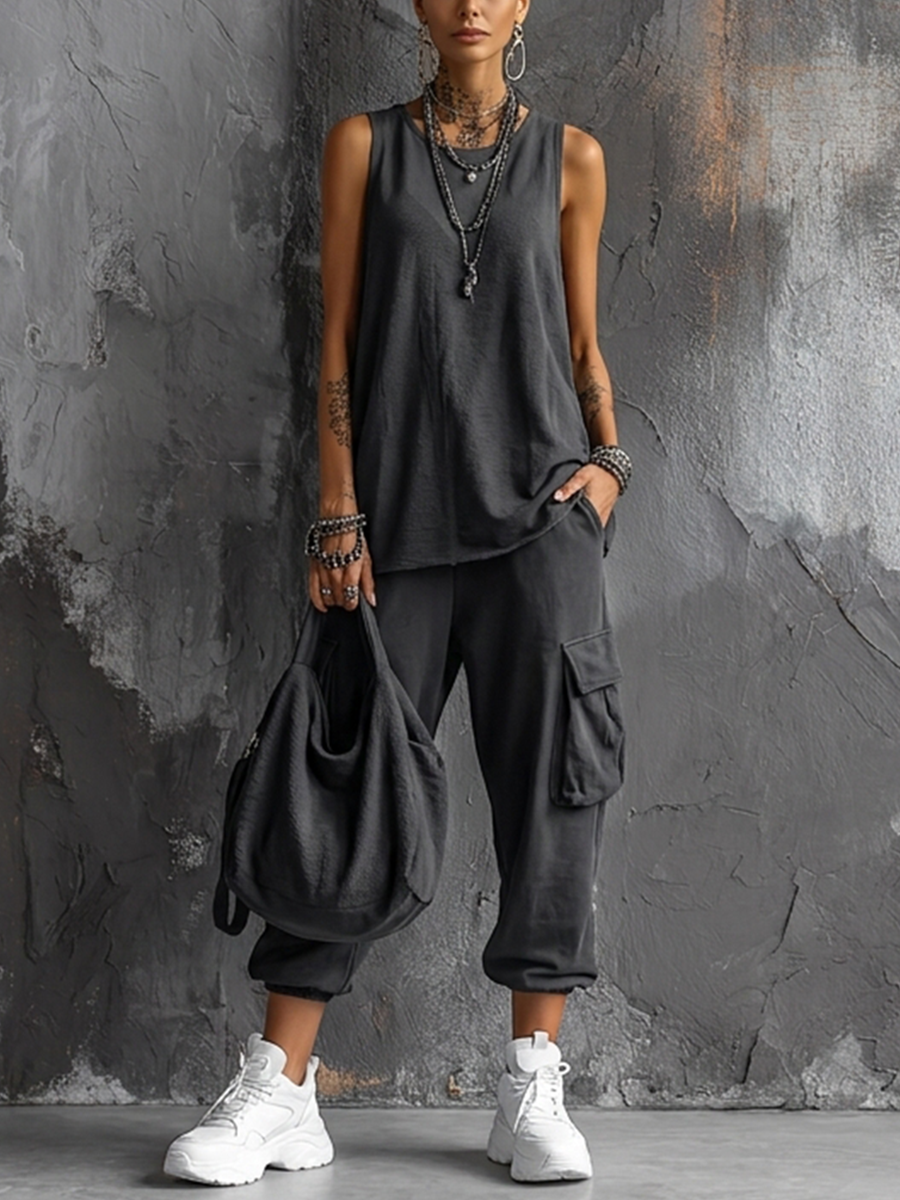 Women's Casual Style Dark Gray Cotton Blend Sleeveless Top + Jogger Cargo Pants Set