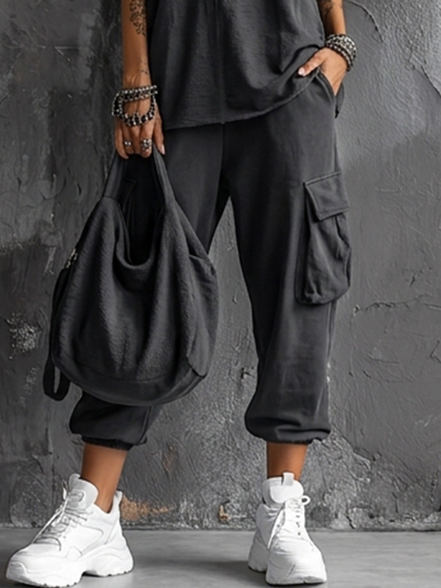 Women's Casual Style Dark Gray Cotton Blend Sleeveless Top + Jogger Cargo Pants Set