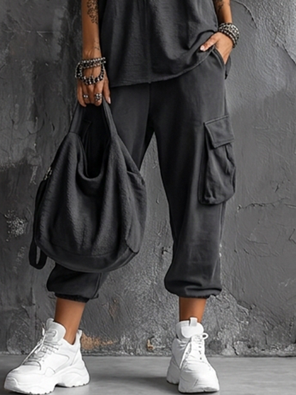 Women's Casual Style Dark Gray Cotton Blend Sleeveless Top + Jogger Cargo Pants Set