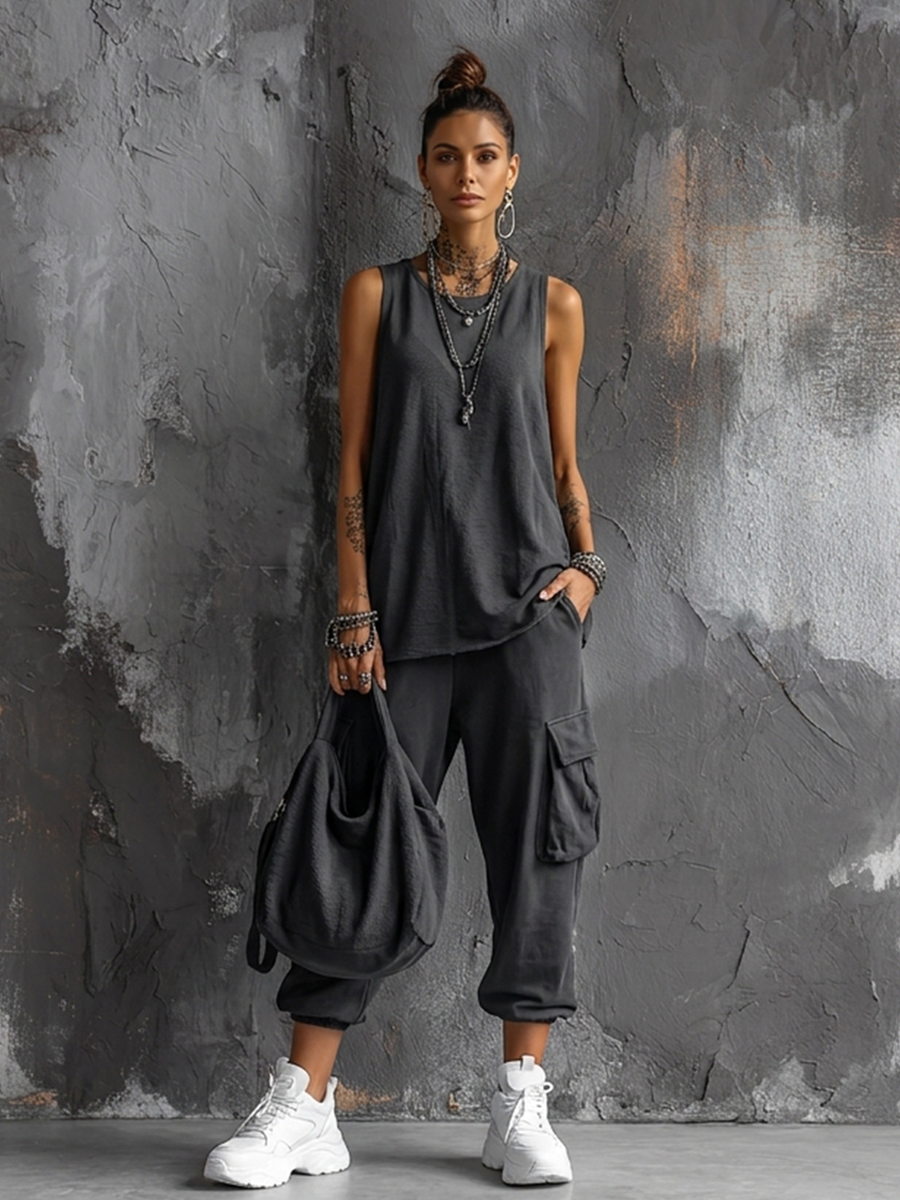 Women's Casual Style Dark Gray Cotton Blend Sleeveless Top + Jogger Cargo Pants Set
