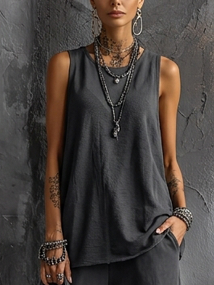 Women's Casual Style Dark Gray Cotton Blend Sleeveless Top + Jogger Cargo Pants Set