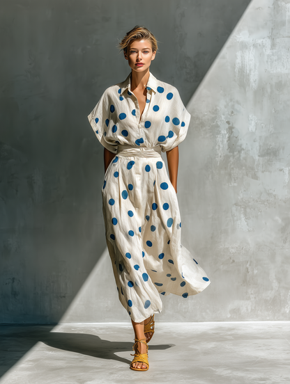 Women’s Off-White Linen-Blend Polka Dot Shirt Dress With Waist Cincher & Pockets