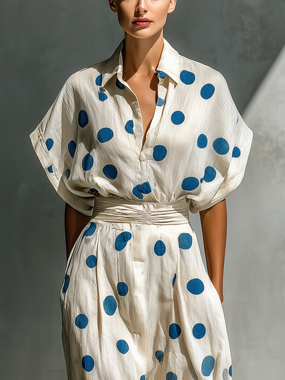 Women’s Off-White Linen-Blend Polka Dot Shirt Dress With Waist Cincher & Pockets