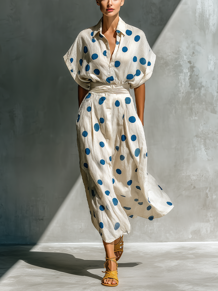 Women’s Off-White Linen-Blend Polka Dot Shirt Dress With Waist Cincher & Pockets