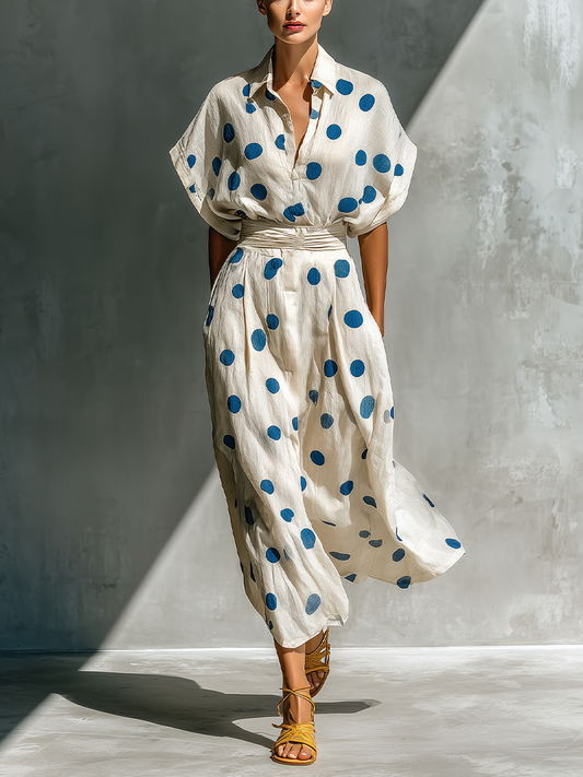 Women’s Off-White Linen-Blend Polka Dot Shirt Dress With Waist Cincher & Pockets