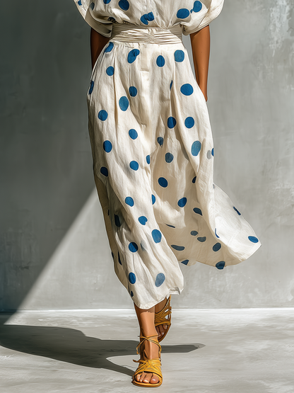 Women’s Off-White Linen-Blend Polka Dot Shirt Dress With Waist Cincher & Pockets