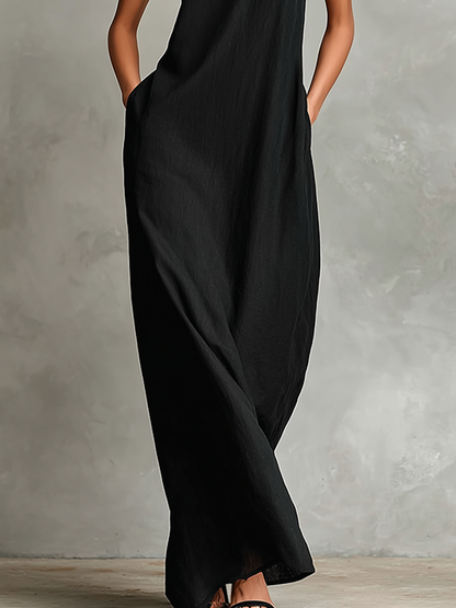 Women's Black Linen-Blend Maxi Dress With High Neck & Side Pockets, Timeless Minimalist Casual Dress