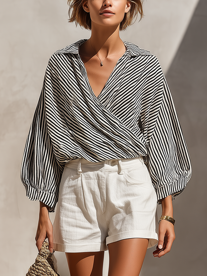 Women’s Black & White Striped Wrap Blouse & White High-Waisted Shorts Two-Piece Set