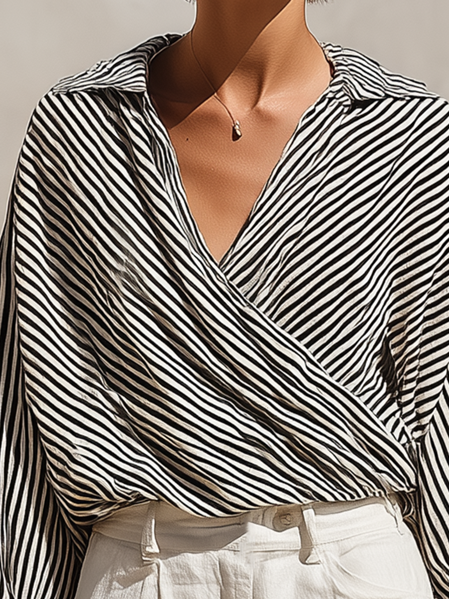Women’s Black & White Striped Wrap Blouse & White High-Waisted Shorts Two-Piece Set