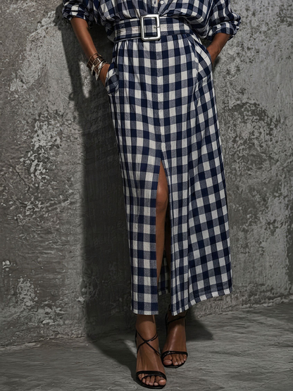 Women's Casual Commuter Style Blue And White Plaid Cotton Belted Front Slit Maxi Shirt Dress