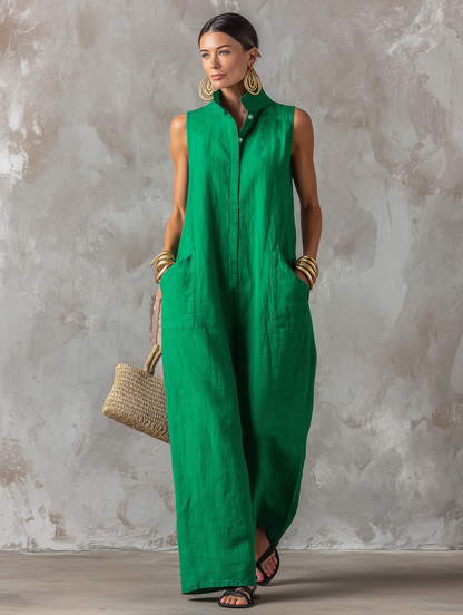 Women's Minimalist Loose-Fit Linen-Blend Jumpsuit — Stand Collar, Sleeveless, Single-Breasted