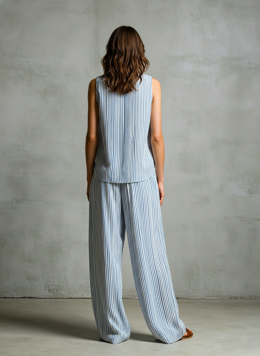 Women's Casual Blue And White Striped Woven Sleeveless V-Neck Top With Trousers