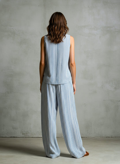 Women's Casual Blue And White Striped Woven Sleeveless V-Neck Top With Trousers