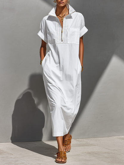 Women's White 100% Cotton Maxi Shirt Dress With Half-Zip Collar & Rolled Sleeves, Timeless Casual Everyday Dress