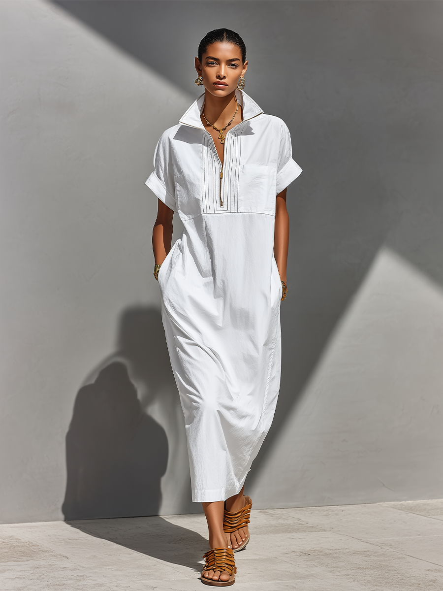 Women's White 100% Cotton Maxi Shirt Dress With Half-Zip Collar & Rolled Sleeves, Timeless Casual Everyday Dress