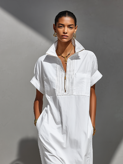 Women's White 100% Cotton Maxi Shirt Dress With Half-Zip Collar & Rolled Sleeves, Timeless Casual Everyday Dress