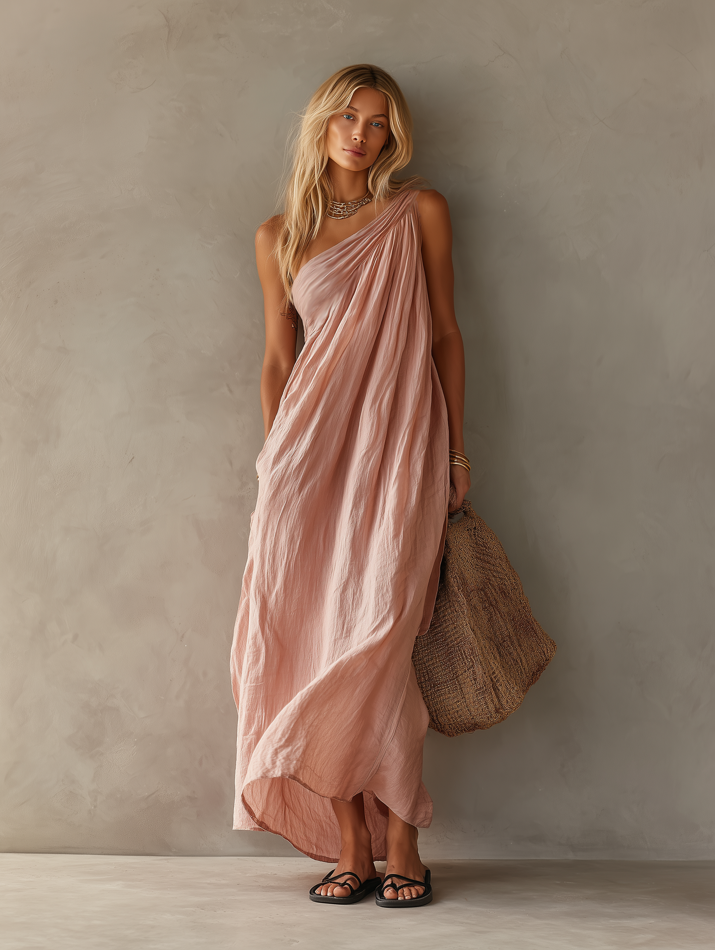 Women's Elegant Pink Cotton-Linen One-Shoulder Sleeveless Maxi Dress