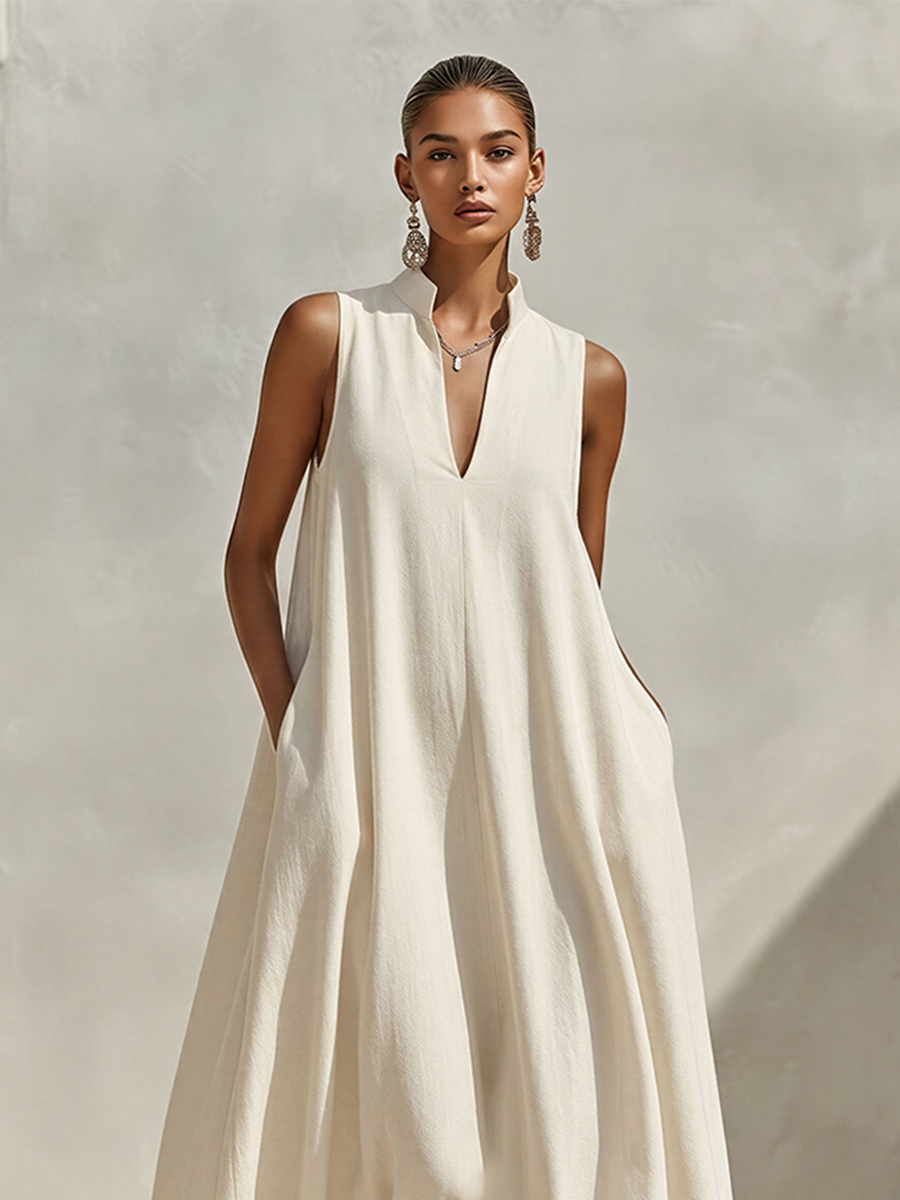 Women's Cream Linen-Blend Sleeveless Maxi Dress With Stand Collar & V-Neck, Timeless Minimalist Summer Dress