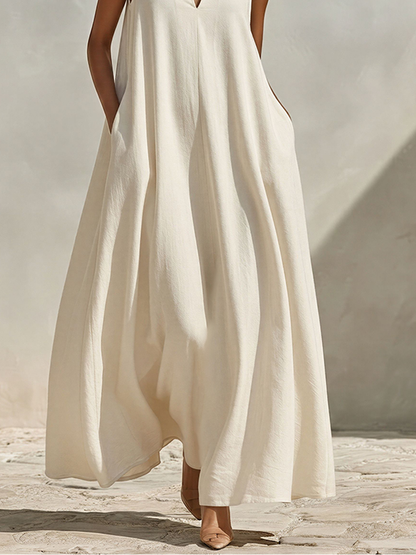 Women's Cream Linen-Blend Sleeveless Maxi Dress With Stand Collar & V-Neck, Timeless Minimalist Summer Dress