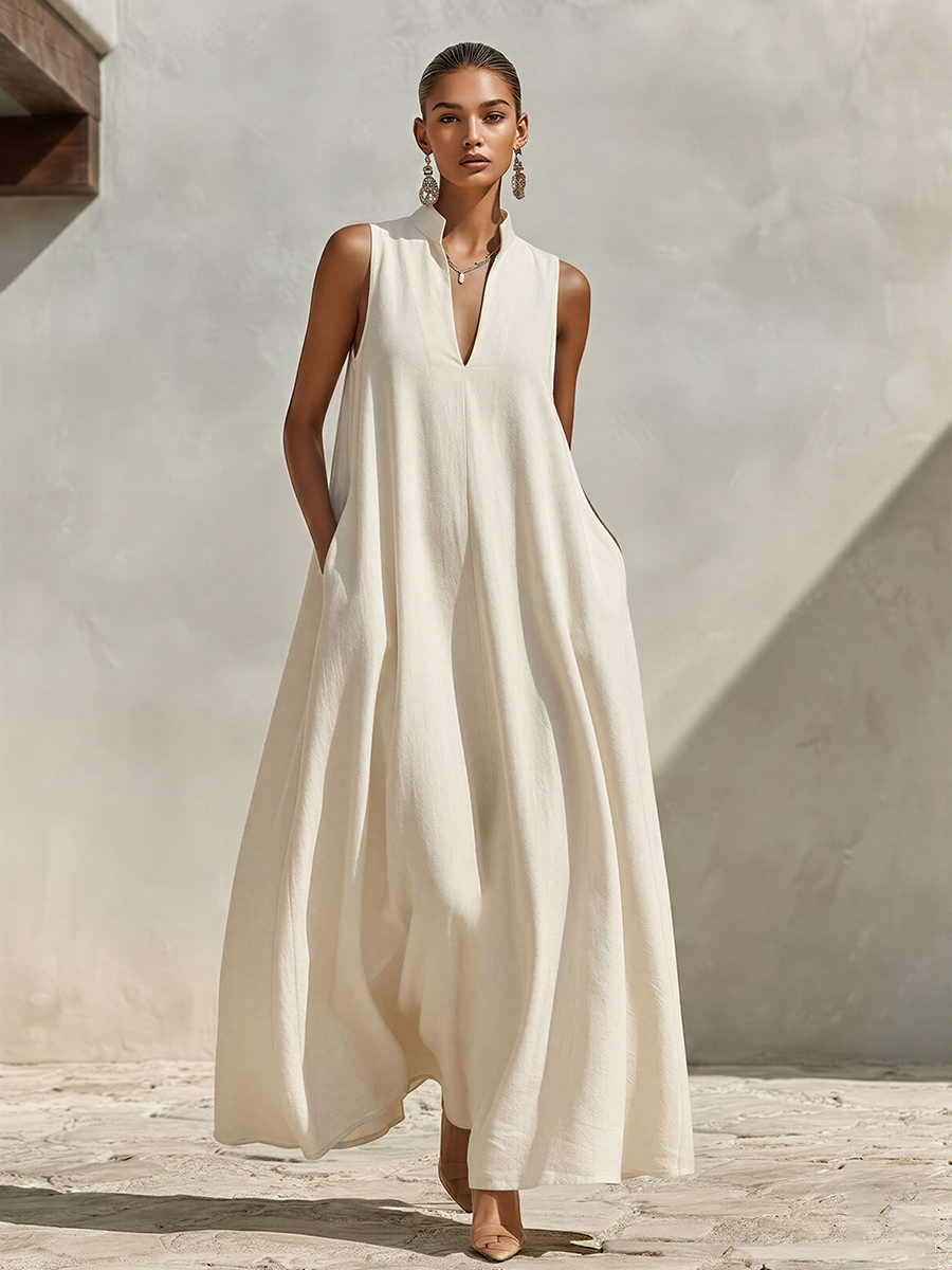 Women's Cream Linen-Blend Sleeveless Maxi Dress With Stand Collar & V-Neck, Timeless Minimalist Summer Dress