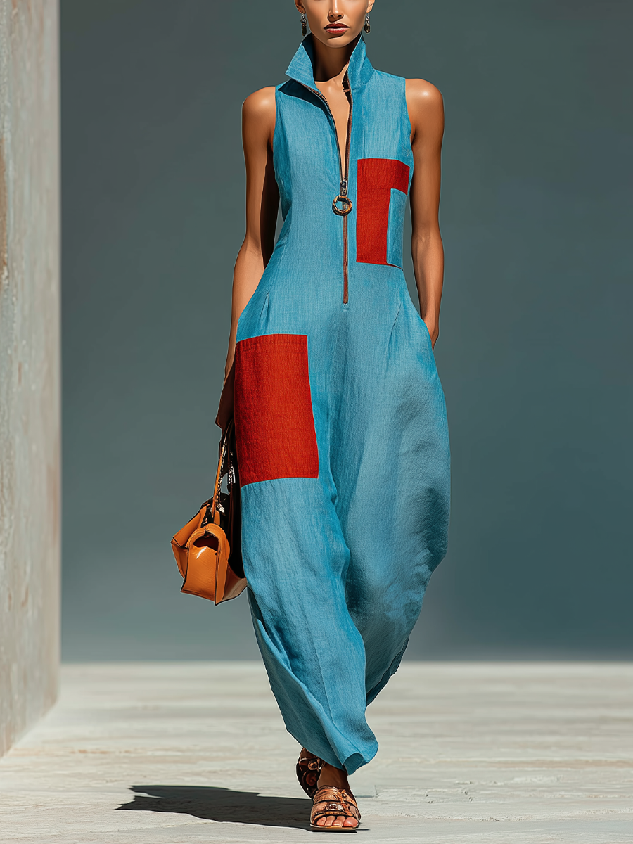 Women’s Blue Linen-Blend Sleeveless Jumpsuit With Red Patch Pockets & Half-Zip Stand Collar