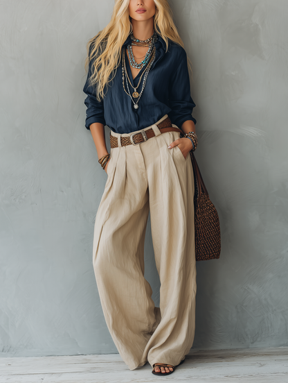 Women's Casual Navy Blue Cotton-Linen Long-Sleeve Pullover Shirt Paired