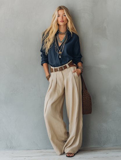 Women's Casual Navy Blue Cotton-Linen Long-Sleeve Pullover Shirt Paired
