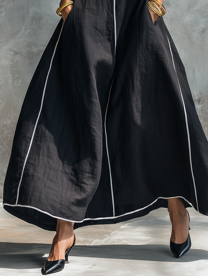 Women's Minimalist Linen-Blend Maxi Dress With Contrast Trim, Round Neck, And Sleeveless Design