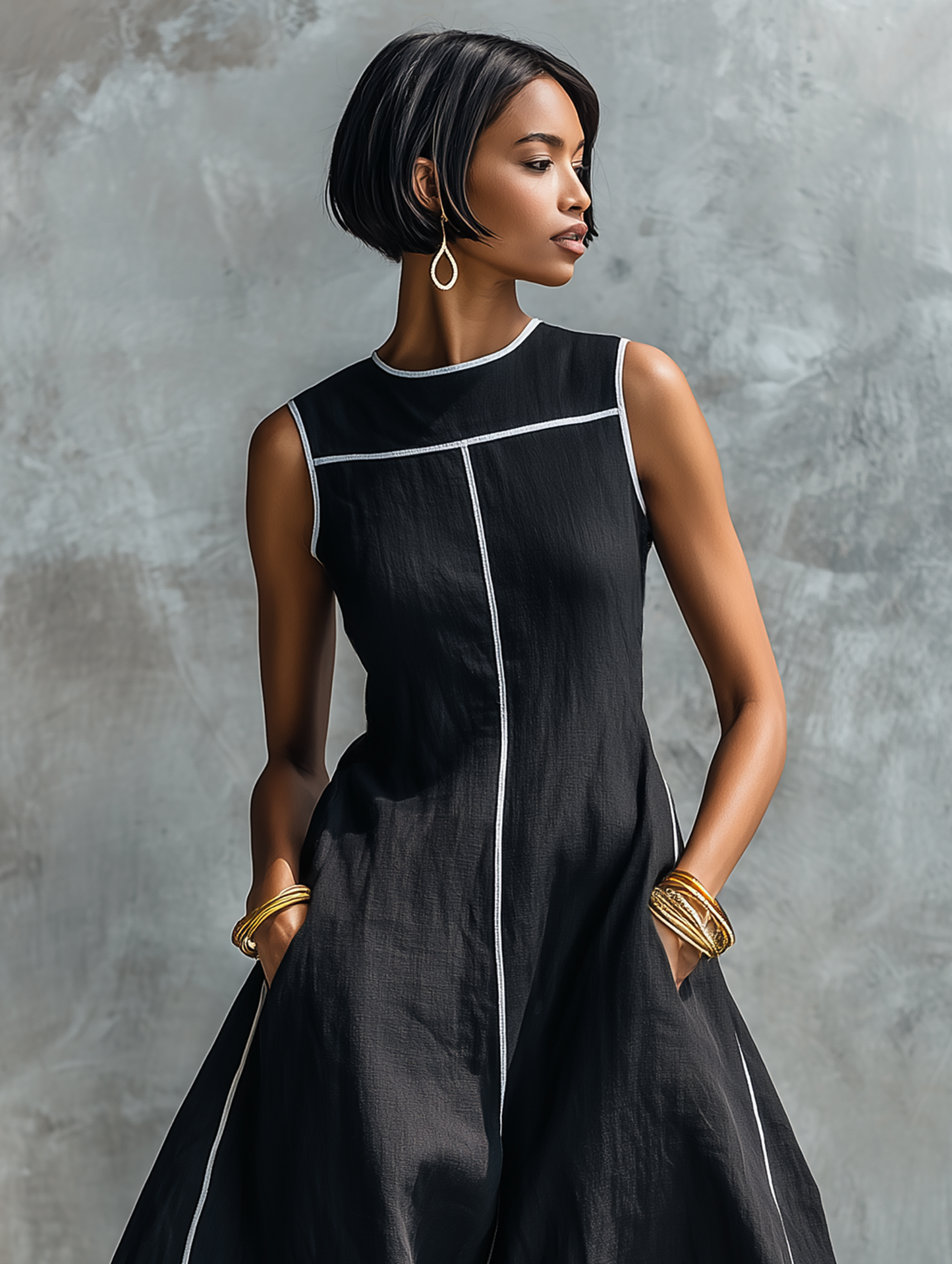 Women's Minimalist Linen-Blend Maxi Dress With Contrast Trim, Round Neck, And Sleeveless Design