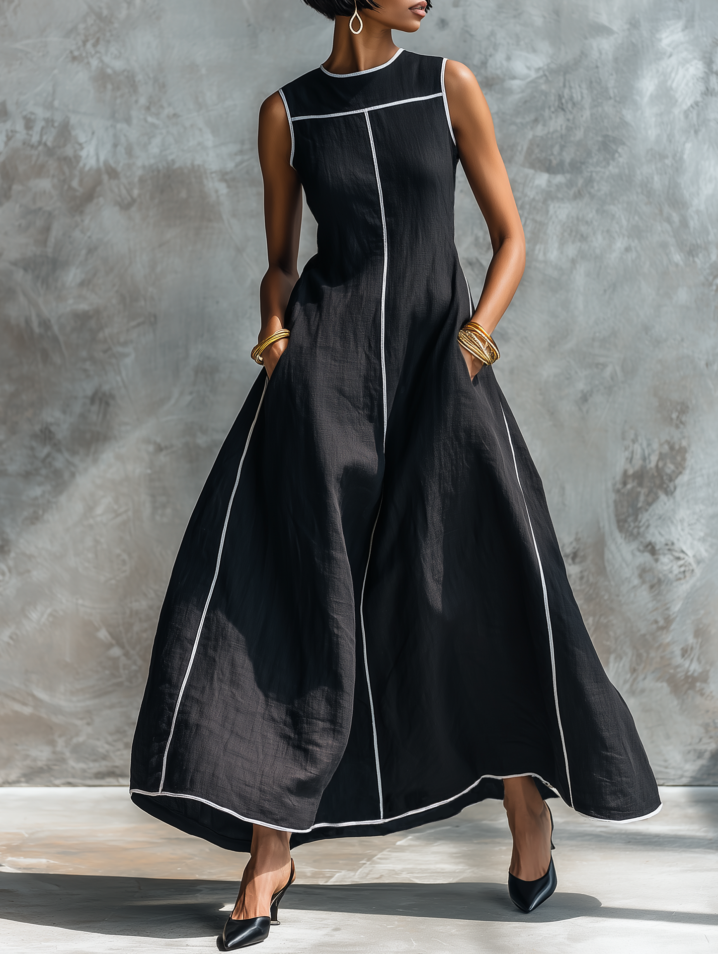 Women's Minimalist Linen-Blend Maxi Dress With Contrast Trim, Round Neck, And Sleeveless Design