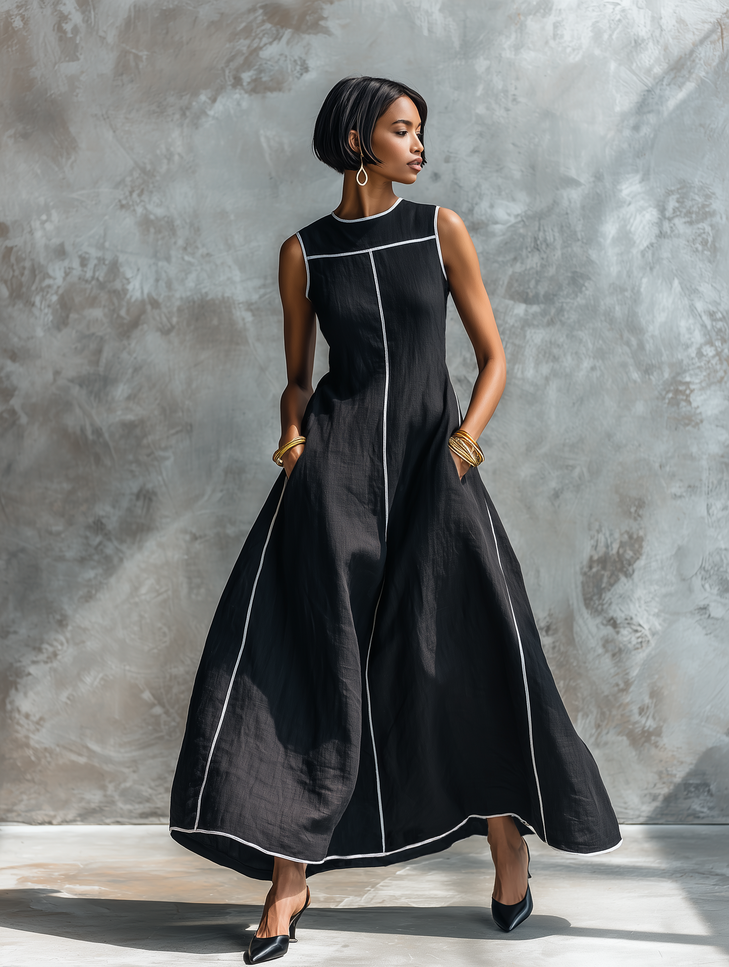 Women's Minimalist Linen-Blend Maxi Dress With Contrast Trim, Round Neck, And Sleeveless Design
