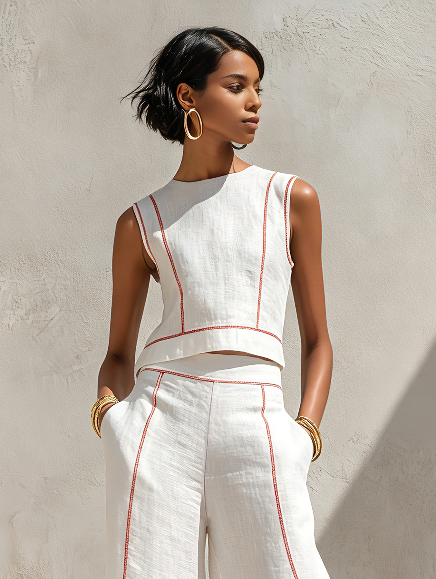 Women's Minimalist Linen-Blend Contrast-Stitched Blouse & Wide-Leg Pants Set