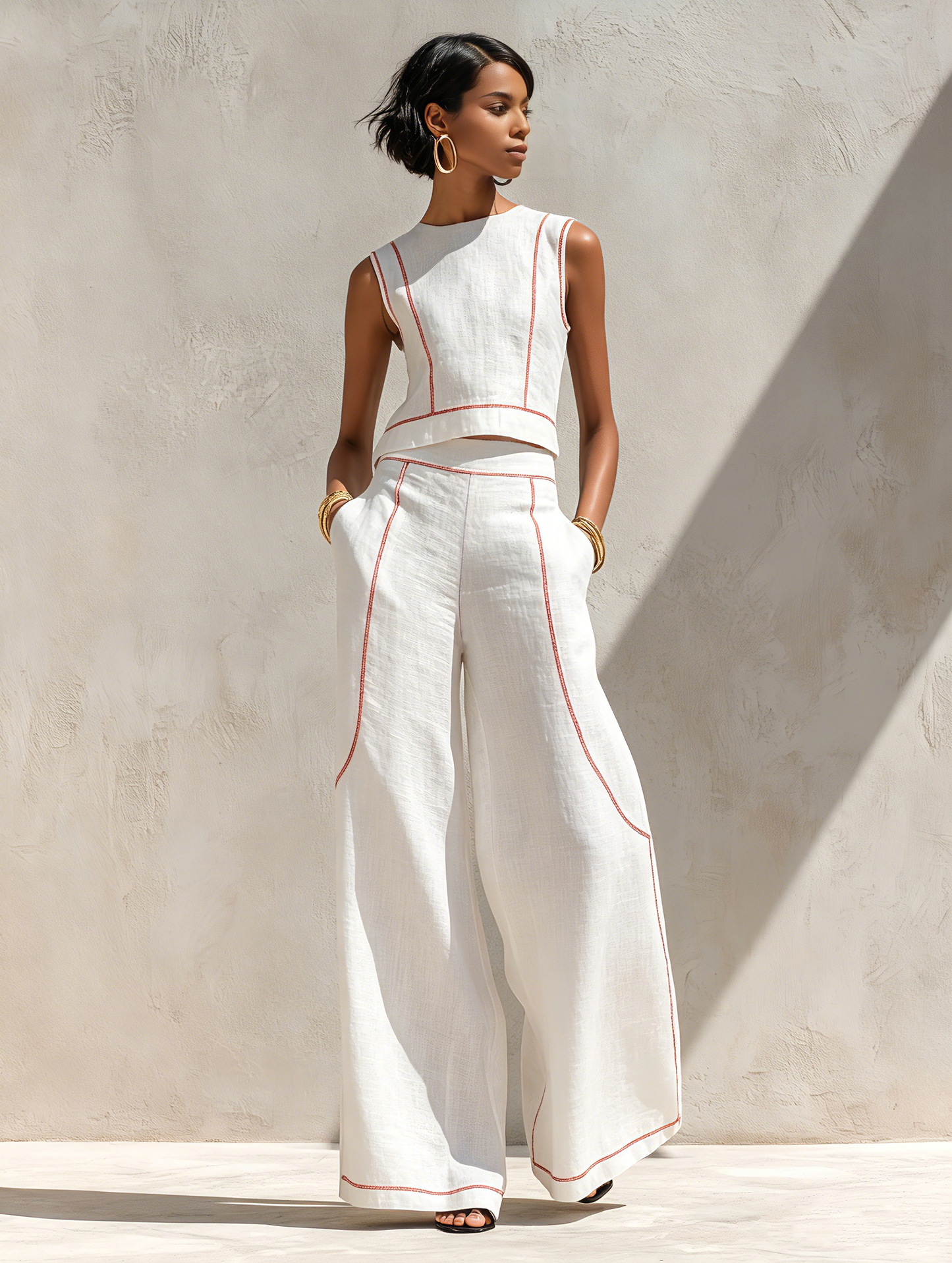 Women's Minimalist Linen-Blend Contrast-Stitched Blouse & Wide-Leg Pants Set