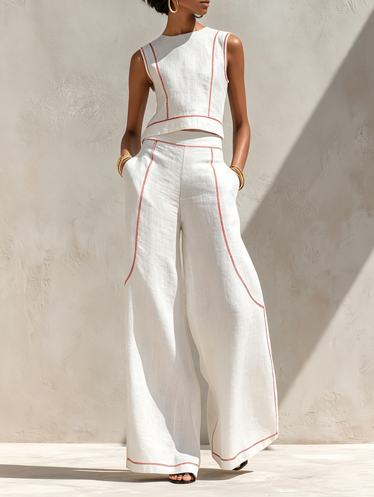 Women's Minimalist Linen-Blend Contrast-Stitched Blouse & Wide-Leg Pants Set