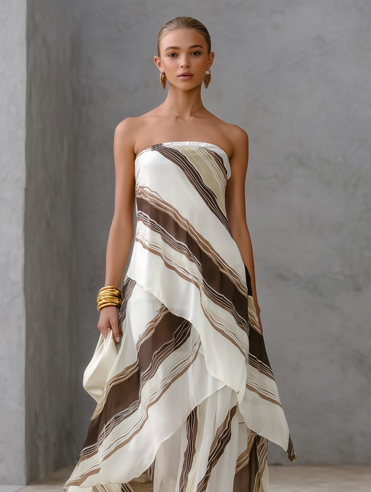 Women's Casual White And Brown Striped Chiffon Strapless Sleeveless Maxi Dress