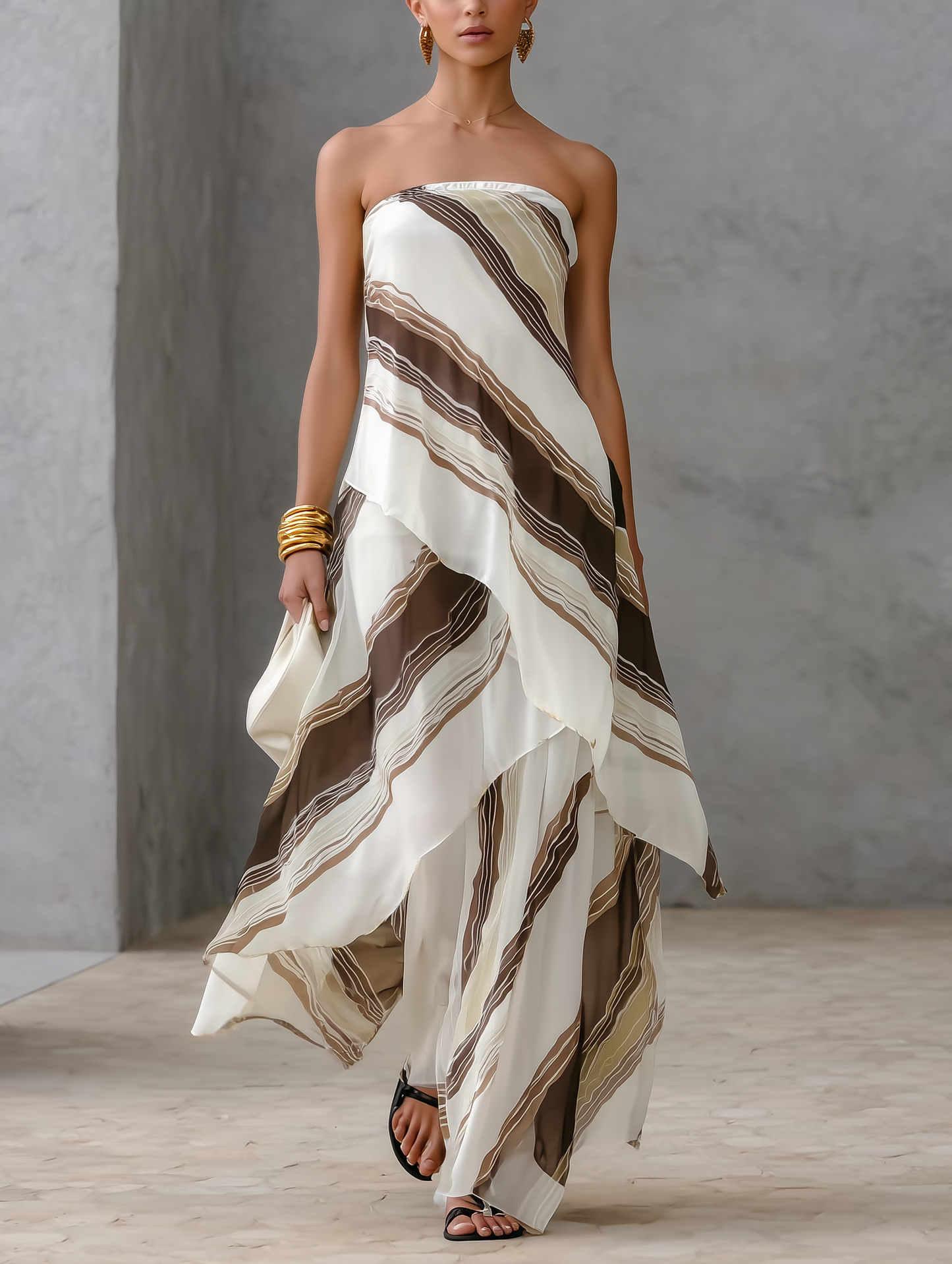 Women's Casual White And Brown Striped Chiffon Strapless Sleeveless Maxi Dress
