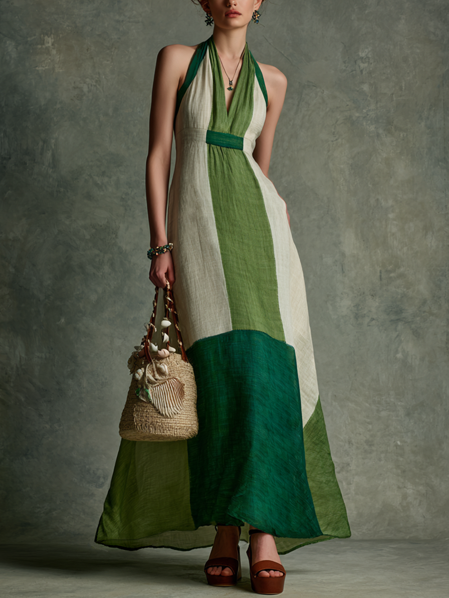 Women's Vacation Style Green And White Color-Block Linen-Cotton Halter V-Neck Waist-Tailored Maxi Dress