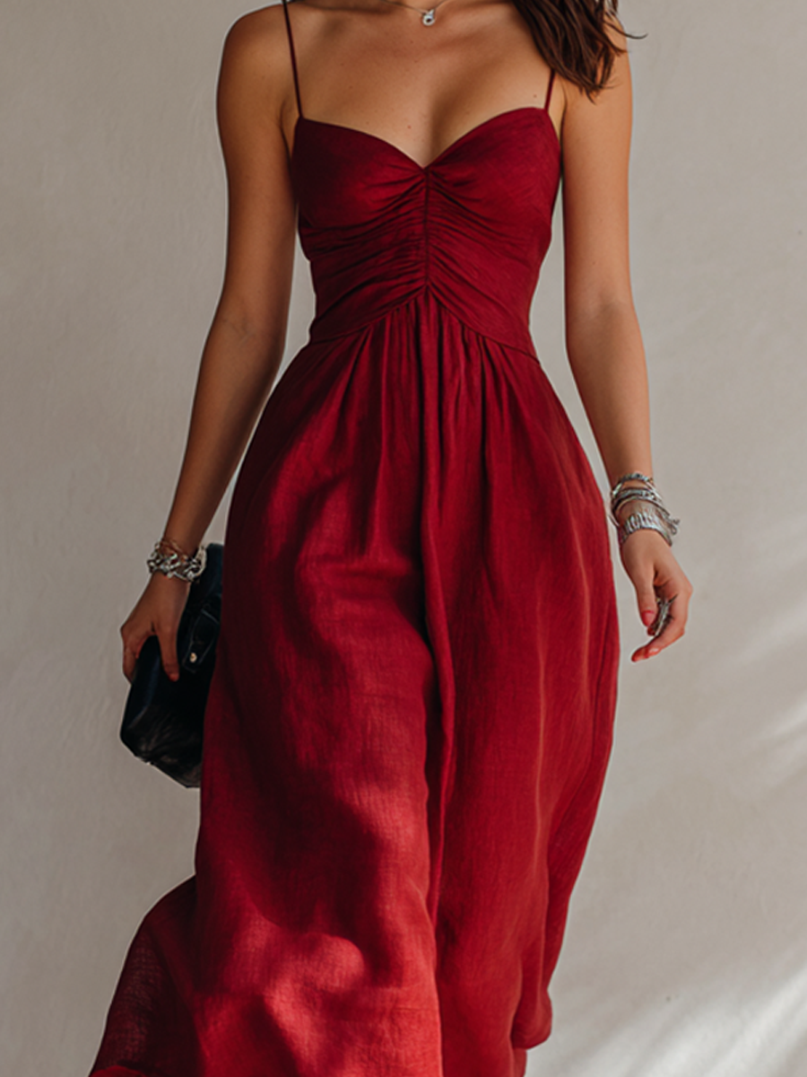 Women’s Minimalist Linen-Blend Ruched Spaghetti Strap Midi Dress