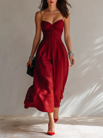 Women’s Minimalist Linen-Blend Ruched Spaghetti Strap Midi Dress